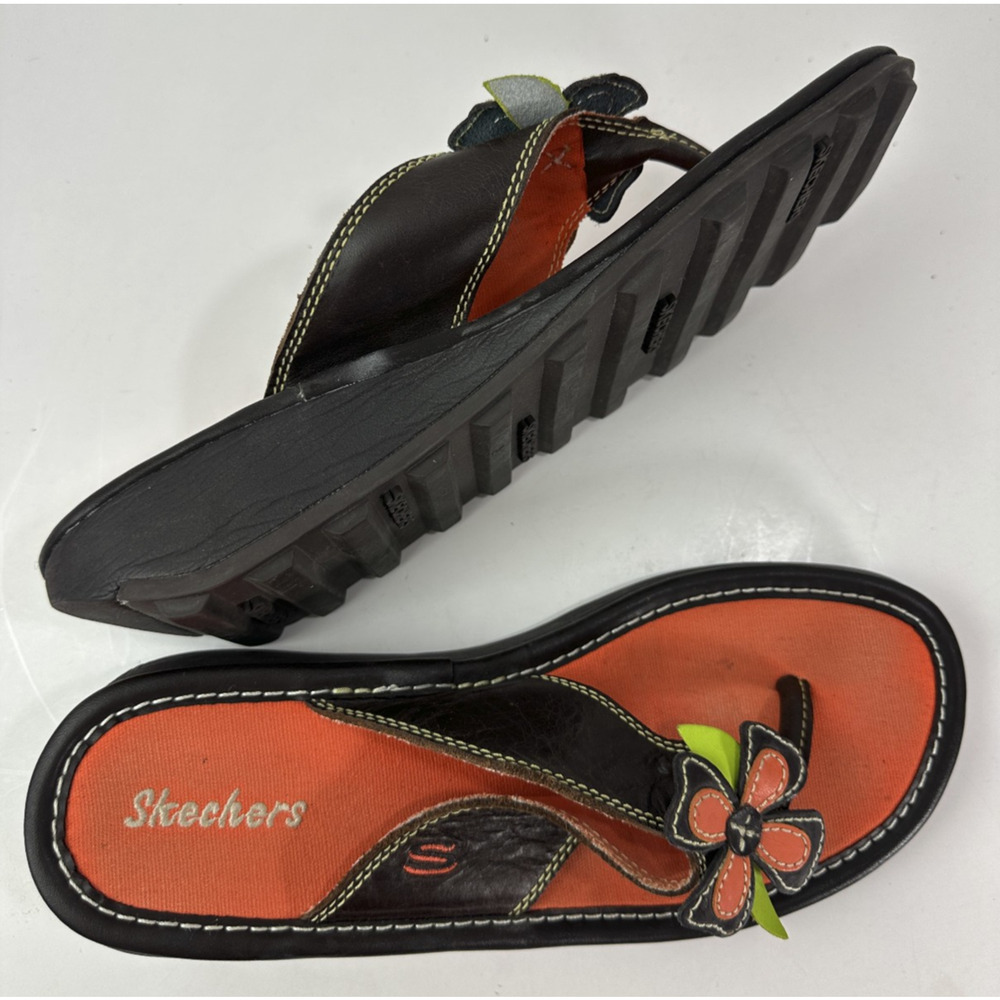 Skechers Y2K Style Flower Flip Flop Sandals Leather Size 9 Hippie Boho Festival - Picture 9 of 14